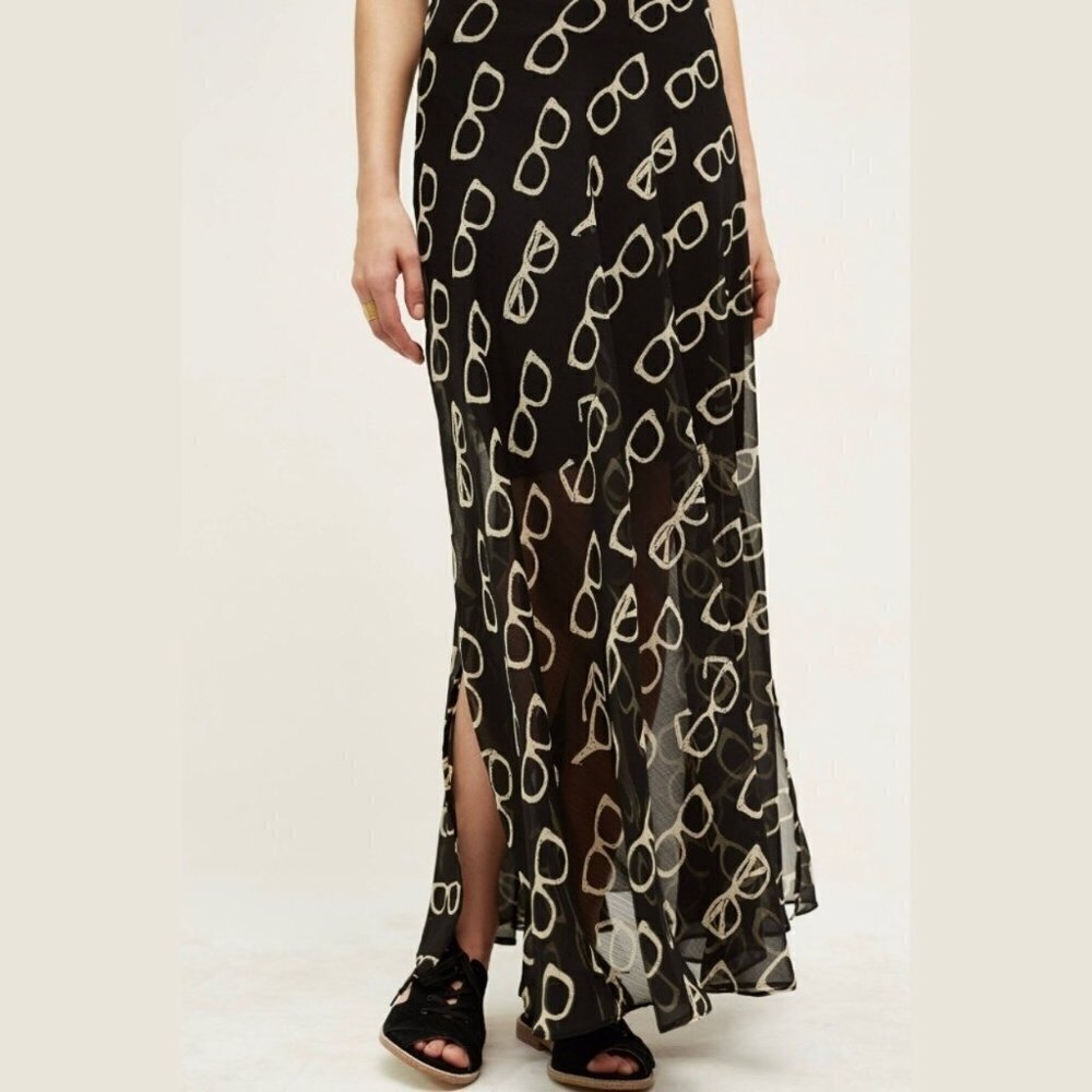 Anthropologie Eva Franco 6 Maxi Skirt Black Tan Bookish Sheer Overlay Glasses - Picture 3 of 10